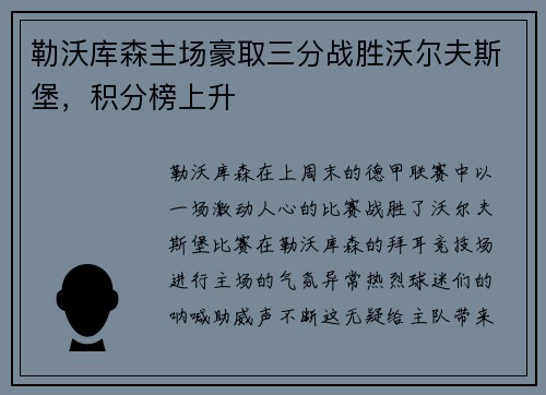 勒沃库森主场豪取三分战胜沃尔夫斯堡，积分榜上升