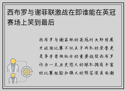西布罗与谢菲联激战在即谁能在英冠赛场上笑到最后