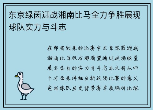 东京绿茵迎战湘南比马全力争胜展现球队实力与斗志