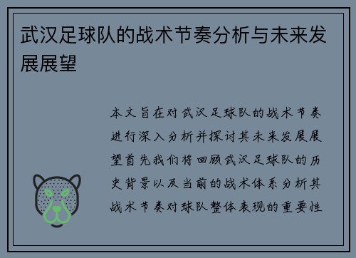 武汉足球队的战术节奏分析与未来发展展望