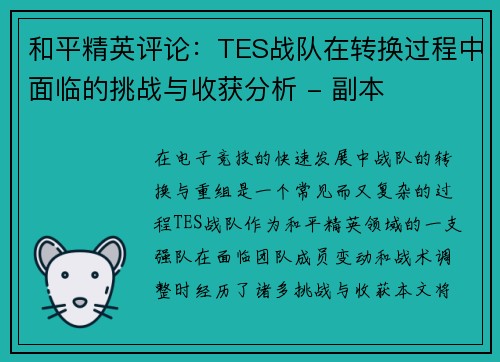 和平精英评论：TES战队在转换过程中面临的挑战与收获分析 - 副本