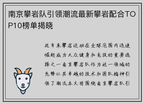 南京攀岩队引领潮流最新攀岩配合TOP10榜单揭晓