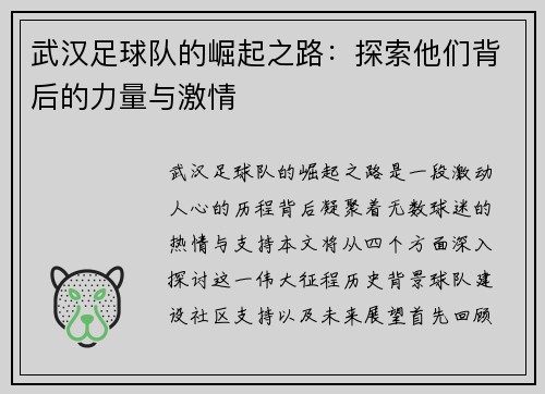 武汉足球队的崛起之路：探索他们背后的力量与激情